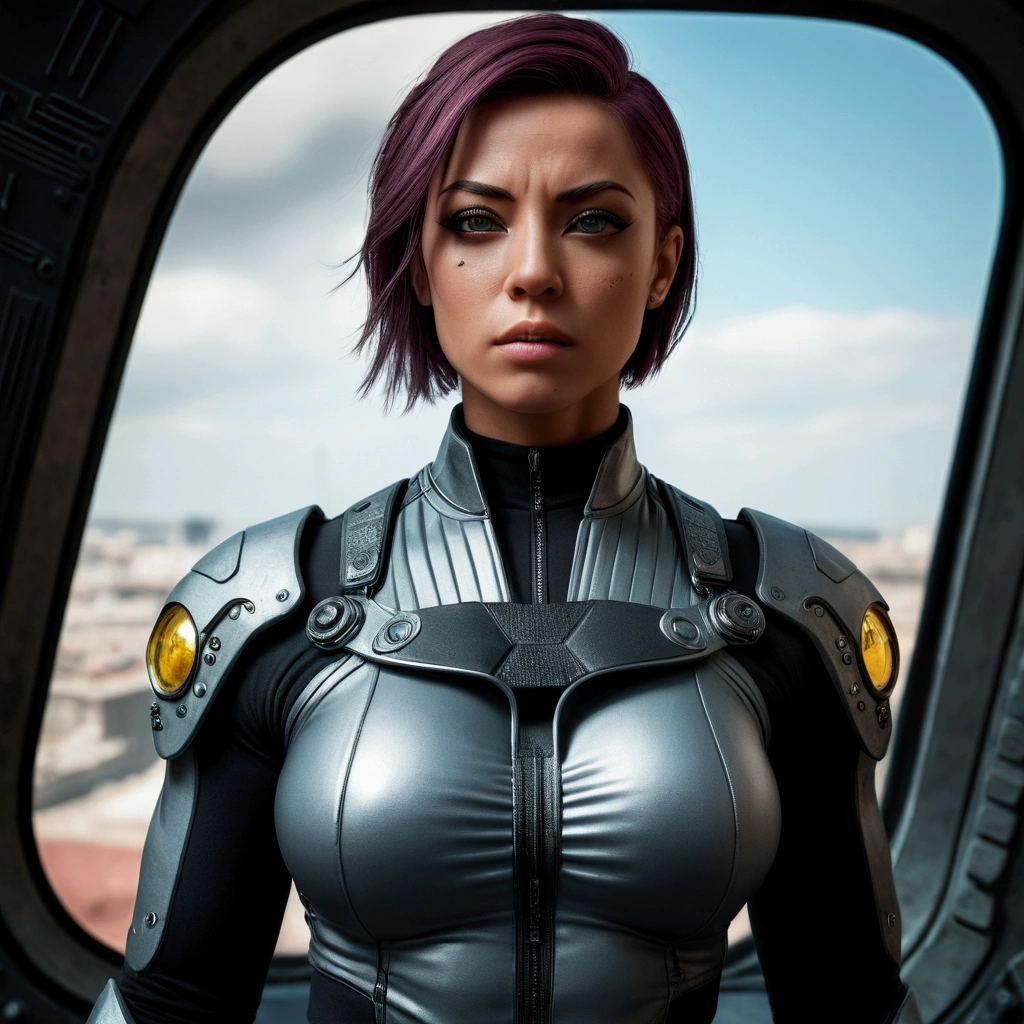 masterpiece,High definition photos,8k,dynamic,Detailed skin,Detailed eyes,military,cyber punk,Muscle girl,Upper Body,front