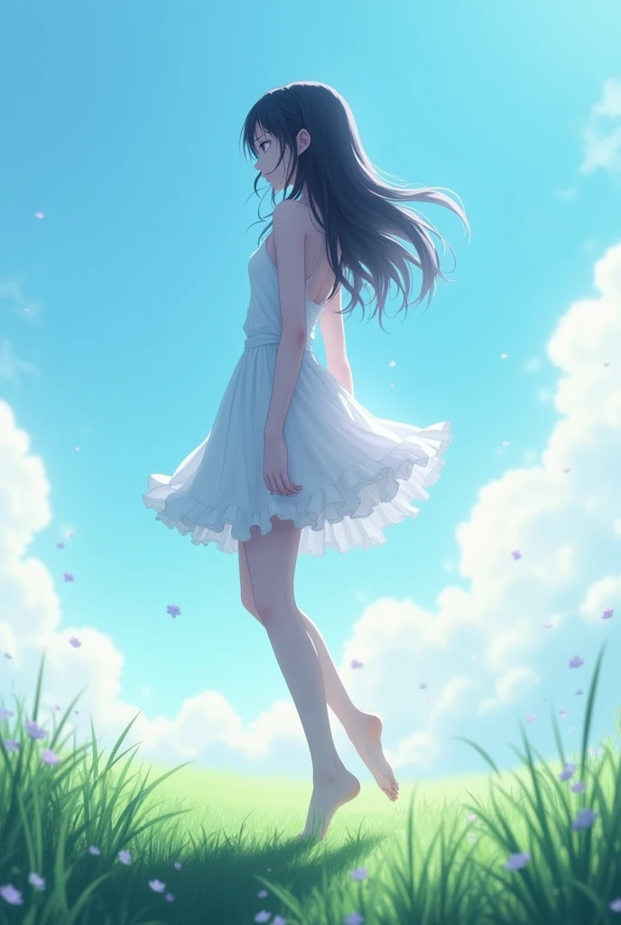 (A long shot) of an anime  girl, (standing on grass), cinematic light, slim body, skin is perfectly white, soft, and smooth, Extremely delicate and beautiful CG illustration, best quality, high resolution, dynamic angle, full-length lens, (1 girl), floating, soft light, high-key lighting), glowing light, purple light, (((wearing nothing))), (small hands), (blue sky), (visible feet)