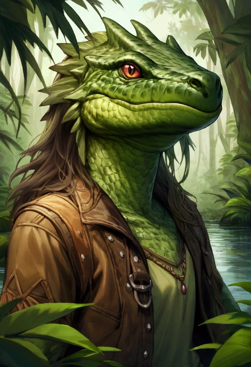 Portrait of a Lizardman with slime like skin, Skin Slightly transparent and gelatinous, swamp, water, jungle, wearing leather clothing, hippie, peaceful, comfortable, Fantasy, Dungeons and Dragons, Body of Lizardman, Hippie jacket, Hippie Shirt, Peace Sign, Moister