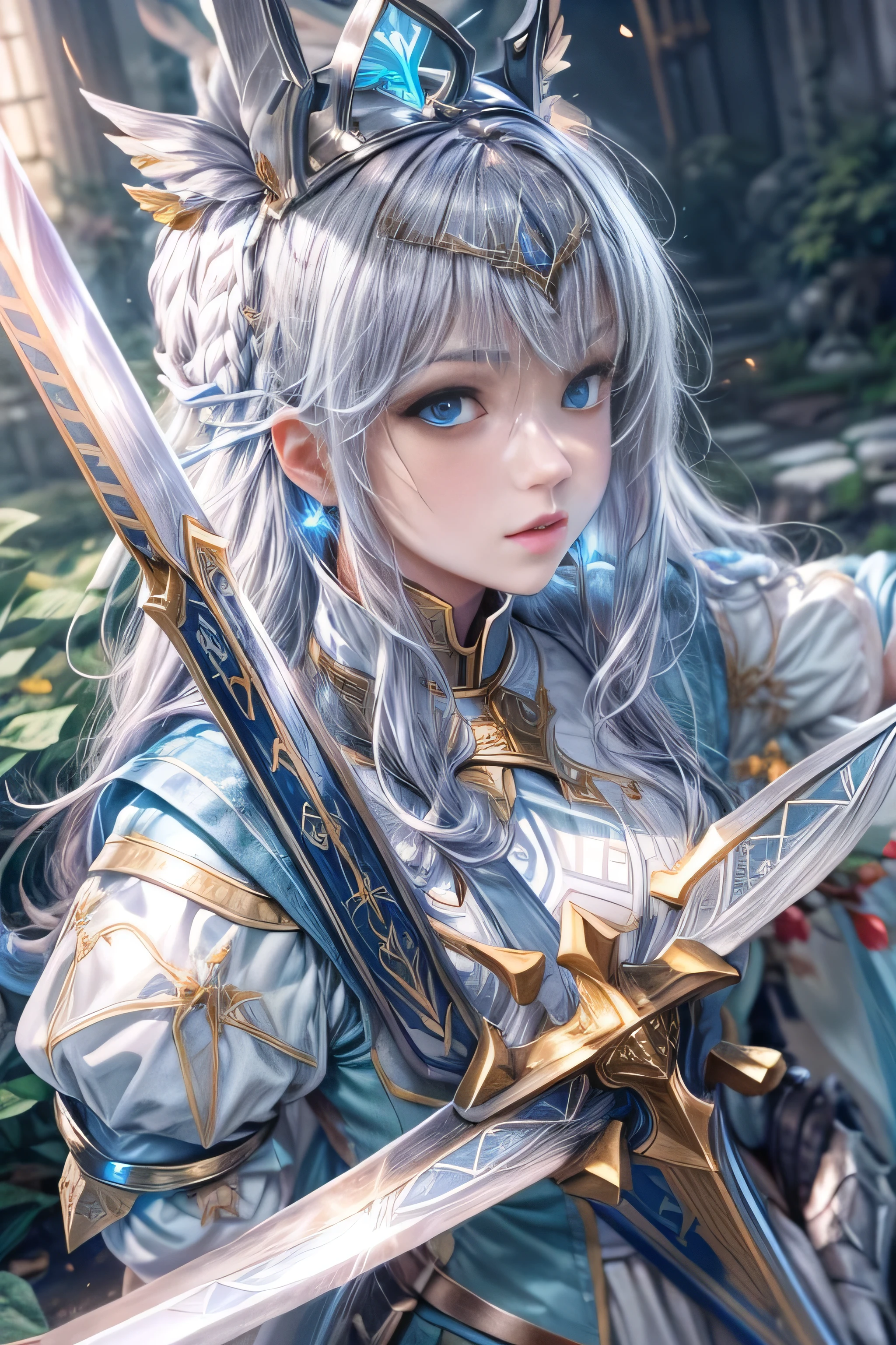 A female knight recognized by the legendary holy sword Excalibur、With the protection of the spirit of light, it emits an aura of light.、8k.Half Russian and half Japanese、Russian face、beautiful girl、princess、、Small face、Young face、Big eyes、Skinny、Small breasts、(((Silver Hair、Silver Hair)))、With bangs、(((High resolution big beautiful light blue glowing eyes, )))、Shortcuts、Bobcut、((Sailor suit))、(((Red ribbon in hair、Floral decoration)))、Partially braided、Red bow tie、Transforms into an armored knight at the call of the holy sword Excalibur.、Large sword、A holy sword that emits a pale blue light、((god々He holds up his sword, shining a deep blue, to the sky.))、god々A sword that shines brilliantly、fantasy landscape、Fantasy、Battle with the Dark Knight