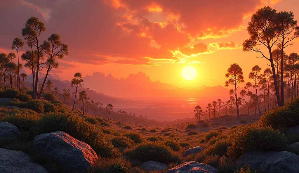 Large vegetation in tundra and a beautiful orange sun