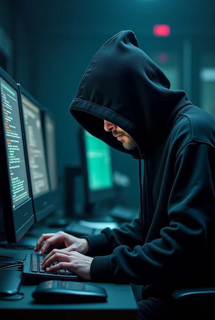 Hooded man with black sweatshirt and brown eyes covering his entire face typing on some computers