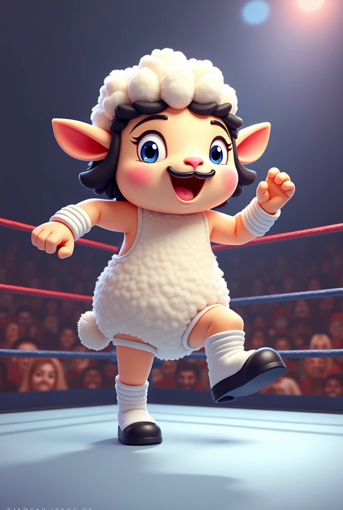 Cartoon lamb dressed like WWE wrestler Leaping Lanny Poffo

Cartoon lamb body. Cartoon lamb head. Cartoon lamb face. Cartoon lamb chest. Cartoon lamb arms. Cartoon lamb hands 


Long black mullet hair. White wrist tape. Thin black mustache 
 
White underwear. White kneepads. White wrestling boots.

Prancing in a wrestling ring..