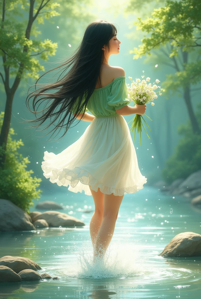 full lenght hiper 3k. A beautiful young woman, sweet and gentle, 20 years old, with long, flowing black hair, wearing a light green and white short dress, a white skirt holding a white flower bouquet, walking and splashing water, a beautiful, refreshing and cool morning atmosphere, a beautiful stream scene, a refreshing morning atmosphere, sparkling light, a three-dimensional oil painting, an art painting by Professor Chalermchai.