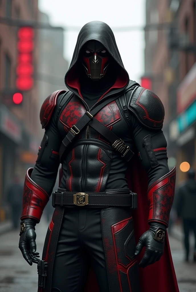 A mercenary anti-hero in a black and red uniform, in the uniform they have a tight mask