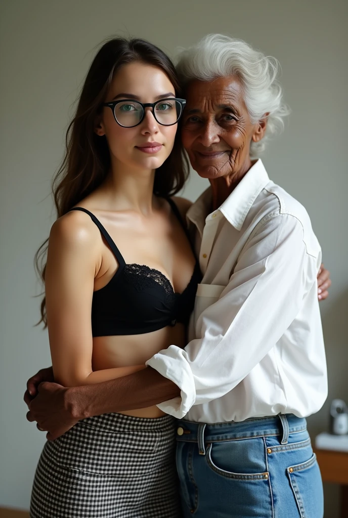 Create a photo of a 30 year old woman, with a pair of prescription glasses, with a slender and beautiful body, wearing a black lace bra and a short plaid skirt, with white and clear skin, with long light brown hair being hugged from behind by an elderly woman, 90 years old, with dark black skin, did, obese, lowrise, who is wearing a white shirt and jeans.
