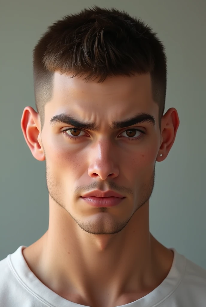Create a realistic image with the following descriptions: man, Height 1.75m with light complexion, Brown eyes, Brown hair, short and straight and with a crew cut and 1
