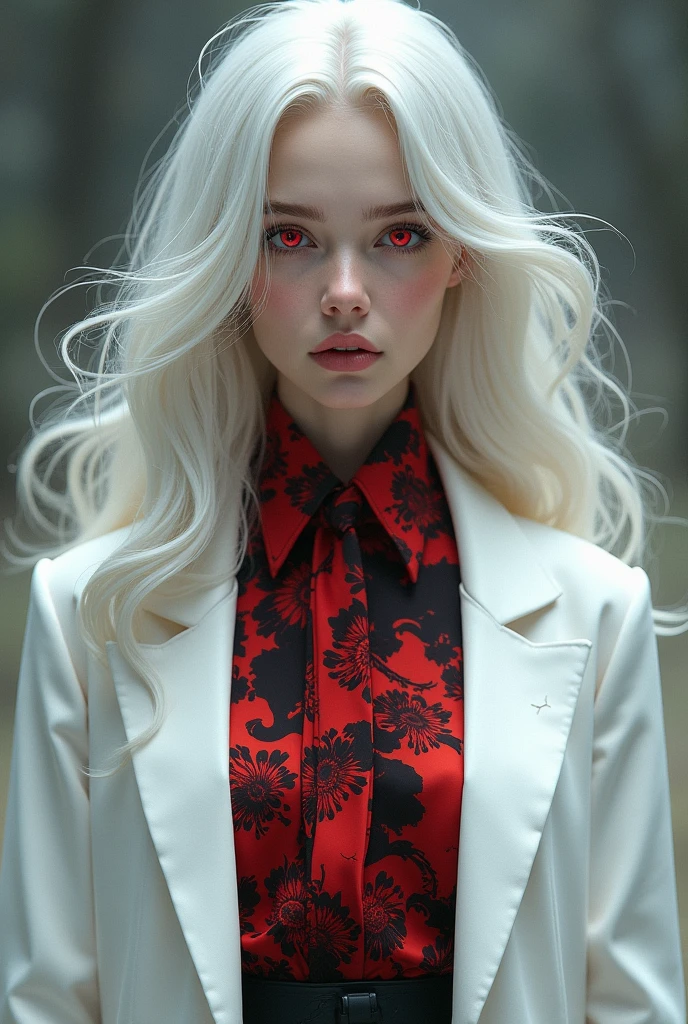 Female character white hair red eyes,White coat, red and black shirt