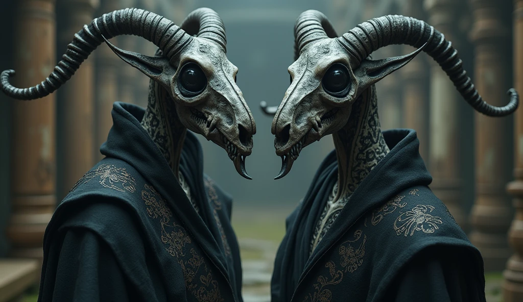 Top quality, masterpiece, two creatures with goat skull faces, silver tattoos on their faces and skin, wearing ornate and intricate black clothes, Western ancient black kingdom interior background, expressionless, full body shot, detailed image texture, creepy, scary, creepy atmosphere (not AI image), cloudy weather, low color image, creepy, delicate skin expression, rough texture image