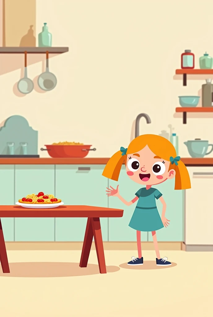 Draw a simple kitchen with a table and a plate of pasta or pizza on the table. The girl, nina, It has a simple design with a light blue dress and a circle for the head.. She is standing next to the table with an excited expression.. The style should be similar to that of the Powerpuff Girls, with clean lines and solid colors.