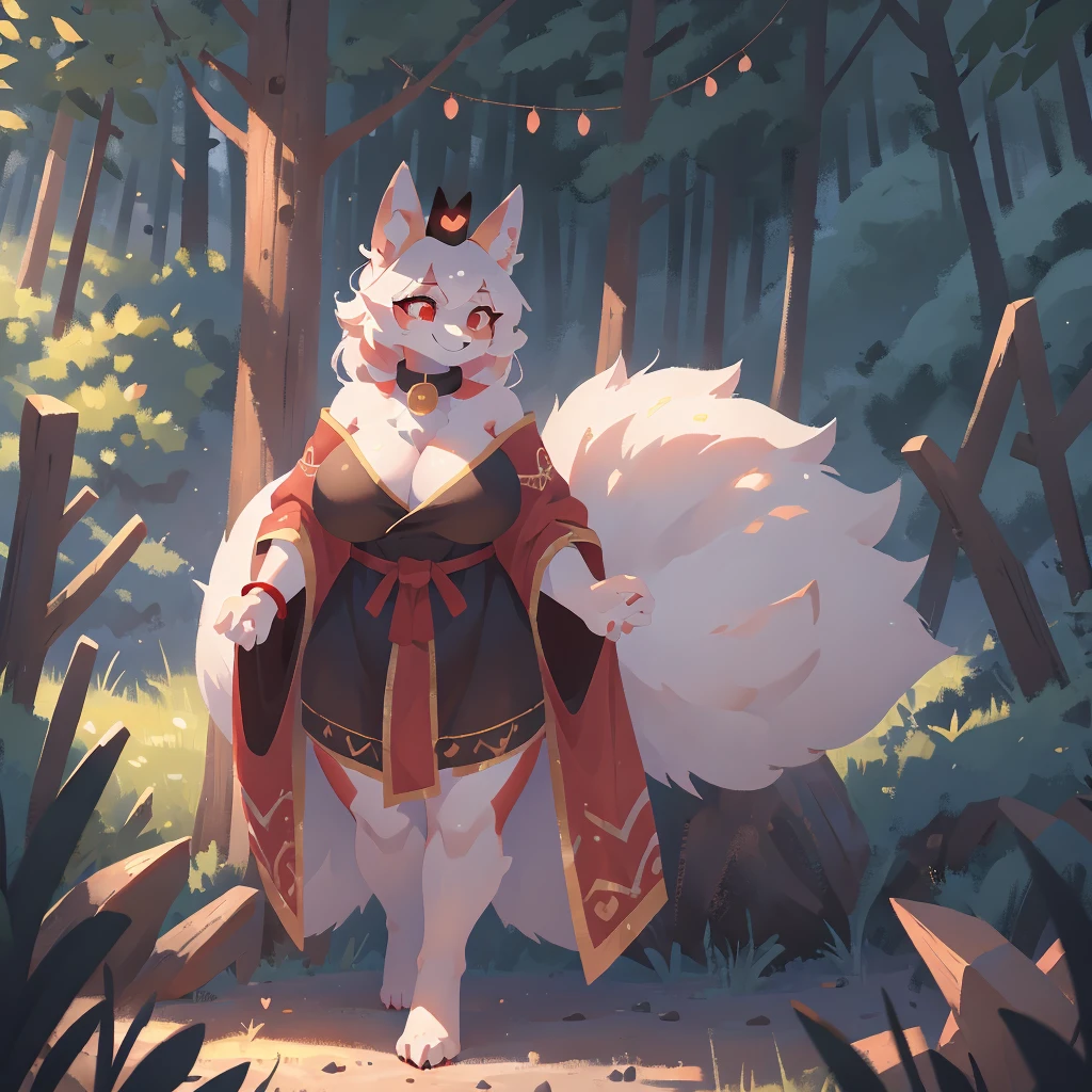 Female white and red kitsune, black crown, big breasts, big thighs, big ass, red patterns on body, 3 white fluffy tails with red tip attached to back of pelvis, Pretty red eyes, white fur tufts, wearing red and black royal robe that covers her chest and thighs and ass, smile,2d,4k,8k,detailed,hi res,absurd res, collar, in forest, happy, facing the camera, standing, bracelet on left arm, tree background, pretty, thicc, mommy, cult leader, Safe For Work, The Red Crown