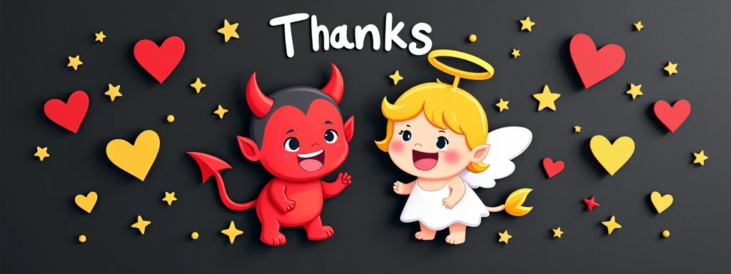 chibi, kawaii, cute, a devil with a wicked smile and an angel with a kind smile, with the word "Thanks" written between them, background black construction paper, golden hearts and shooting stars scattered all over