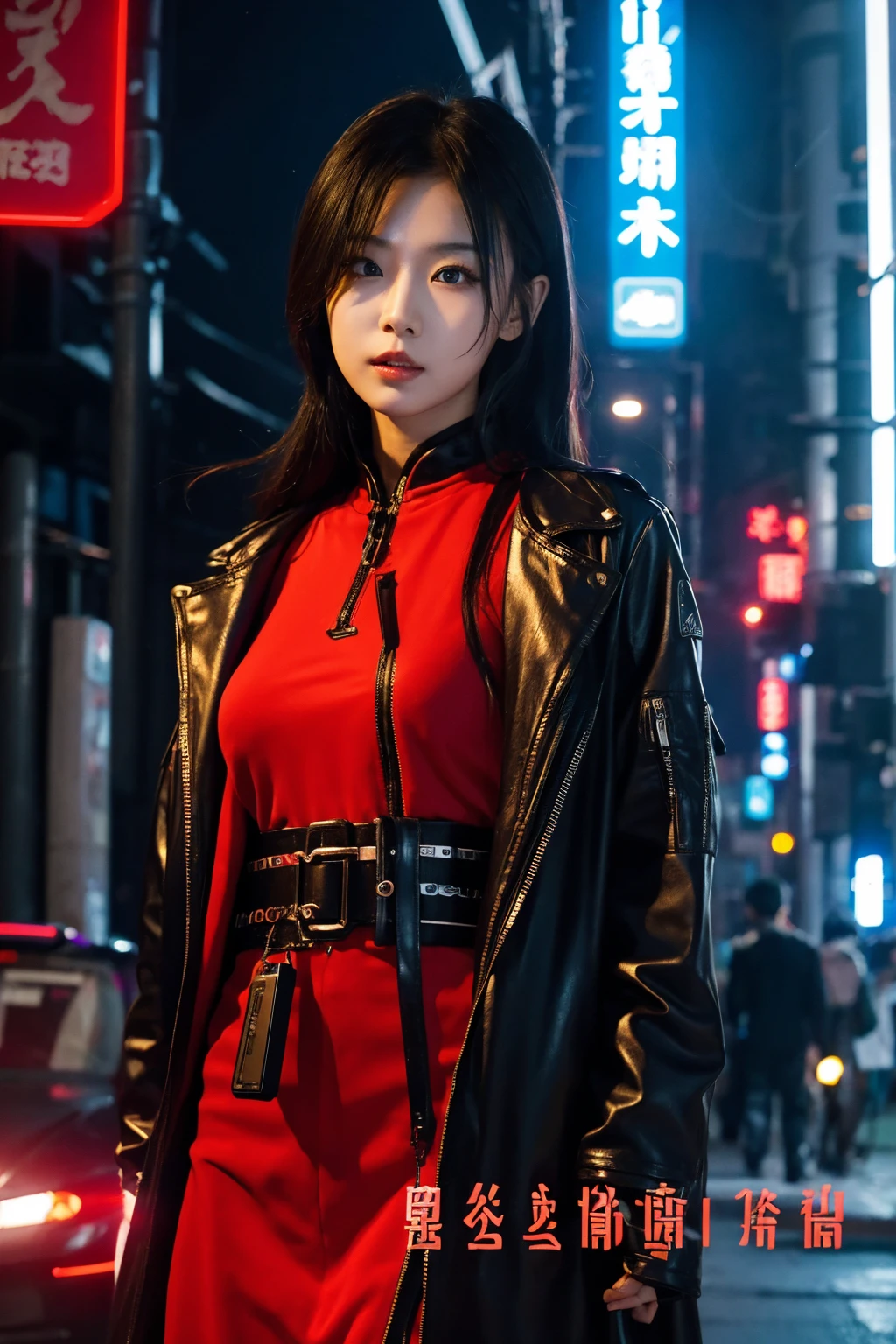 cyberpunk book cover. cybernetic chinese sexy girl wearing red cheonsam in japan future city street