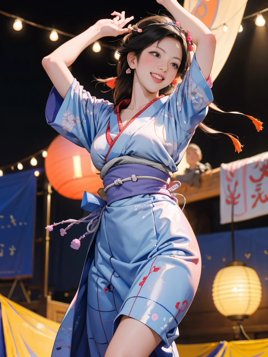 (Japan Bon Odori,最高masterpiece,Highest quality), Hot August,In the park square,(They dance in a circle around a stage decorated with lanterns.),Bright vibrant anime art,People of all ages and genders dance and dance, Dancing in yukata,Laughing and dancing, Showing white teeth,Men and women dance in a circle, masterpiece,Highest quality,High resolution,