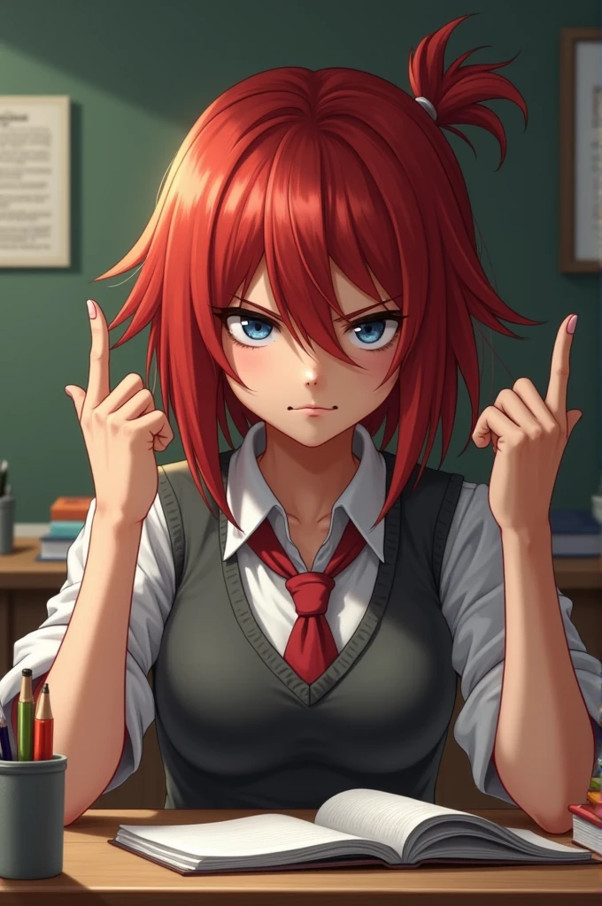 red hair girl,parts,glasses,with school uniform,studying sticking up her finger rude angry🖕🏻