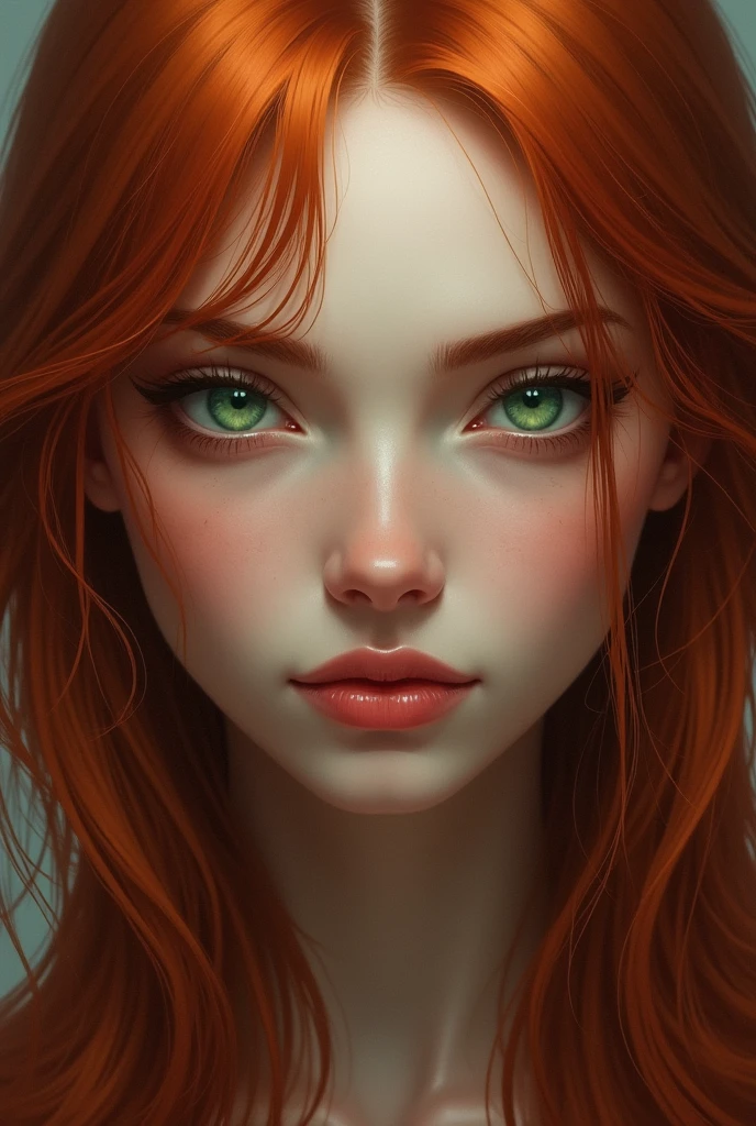 Woman with an oval face type, clear green eyes, long hair in a dark coppery red tone with two blonde highlights in the front and medium-sized mouth.