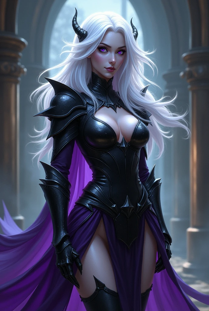 Beautiful drow girl, white hair, large breasts, black plate armor, purple eyes, short purple skirt.