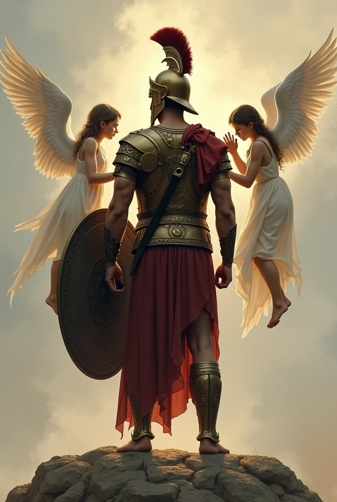 Create a drawing in honor of my father and daughter who died. I need a drawing where there is a Spartan warrior facing away with a shield in his hand and the other holding two angels, one with wings and one without wings