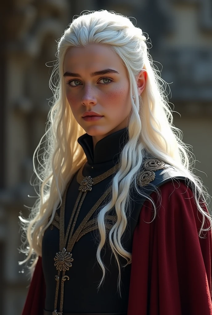 Dans l'univers de *Game of Thrones*, un jeune homme Targaryen se distingue par l'aura légendaire qui entoure sa maison. Imaginez un homme d'une beauté presque divine, digne des légendes. Ses longs cheveux blancs argentés, typiques de la lignée des Targaryens, tombent en cascade sur ses épaules, soyeux et brillants sous la lumière, semblables à un manteau de pure lumière. Ses yeux, d'un violet profond ou d'un bleu glacial (selon les variantes connues dans la famille), captivent immédiatement ceux qui les croisent, remplis d'une intensité mystérieuse et d'une force ancestrale.
Sa peau est pâle, douce et éclatante, contrastant magnifiquement avec ses cheveux immaculés. Sa beauté est comparable à celle d'Apollon, le dieu grec de la jeunesse et de la lumière. Son visage est finement ciselé, avec des pommettes hautes, un nez droit et une mâchoire forte, témoignant de son héritage royal. Ses lèvres sont pleines, souvent figées dans une expression calme, presque méditative, bien qu'elles puissent sourire avec une chaleur inattendue qui illumine son visage entier.
Grand et élancé, son corps est celui d'un guerrier-né. Ses muscles sont bien définis, sculptés par des années d'entraînement martial, mais sans lourdeur. Chaque mouvement qu'il fait est empreint de grâce naturelle, comme s'il était toujours conscient de sa stature royale. Ses épaules sont larges, son torse puissant, et sa silhouette est impeccablement proportionnée.
Vêtu souvent de tissus somptueux – de riches tuniques noires et rouges, brodées de motifs draconiques en or et argent – il incarne l'élégance et la puissance. Sur son dos, une épée à la garde ornée de dragons, peut-être en acier valyrien, rappelant à tous qu'il est un guerrier aussi bien qu'un roi potentiel.
Ce jeune homme Targaryen respire la noblesse et la fierté, portant en lui le poids des siècles de conquêtes et de tragédies de sa famille, mais aussi l'éclat indomptable de son destin à venir.