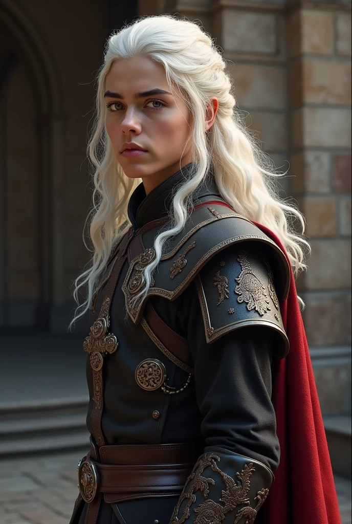 Dans l'univers de *Game of Thrones*, un jeune homme Targaryen se distingue par l'aura légendaire qui entoure sa maison. Imaginez un homme d'une beauté presque divine, digne des légendes. Ses longs cheveux blancs argentés, typiques de la lignée des Targaryens, tombent en cascade sur ses épaules, soyeux et brillants sous la lumière, semblables à un manteau de pure lumière. Ses yeux, d'un violet profond ou d'un bleu glacial (selon les variantes connues dans la famille), captivent immédiatement ceux qui les croisent, remplis d'une intensité mystérieuse et d'une force ancestrale.
Sa peau est pâle, douce et éclatante, contrastant magnifiquement avec ses cheveux immaculés. Sa beauté est comparable à celle d'Apollon, le dieu grec de la jeunesse et de la lumière. Son visage est finement ciselé, avec des pommettes hautes, un nez droit et une mâchoire forte, témoignant de son héritage royal. Ses lèvres sont pleines, souvent figées dans une expression calme, presque méditative, bien qu'elles puissent sourire avec une chaleur inattendue qui illumine son visage entier.
Grand et élancé, son corps est celui d'un guerrier-né. Ses muscles sont bien définis, sculptés par des années d'entraînement martial, mais sans lourdeur. Chaque mouvement qu'il fait est empreint de grâce naturelle, comme s'il était toujours conscient de sa stature royale. Ses épaules sont larges, son torse puissant, et sa silhouette est impeccablement proportionnée.
Vêtu souvent de tissus somptueux – de riches tuniques noires et rouges, brodées de motifs draconiques en or et argent – il incarne l'élégance et la puissance. Sur son dos, une épée à la garde ornée de dragons, peut-être en acier valyrien, rappelant à tous qu'il est un guerrier aussi bien qu'un roi potentiel.
Ce jeune homme Targaryen respire la noblesse et la fierté, portant en lui le poids des siècles de conquêtes et de tragédies de sa famille, mais aussi l'éclat indomptable de son destin à venir.