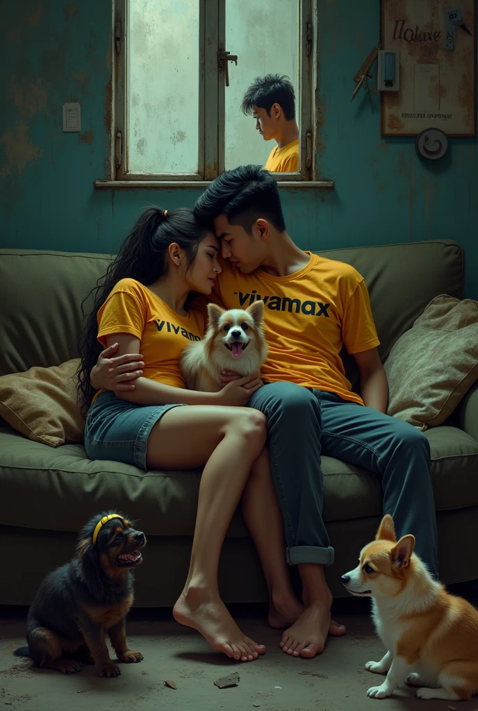 latina  girl and chinese boy hot couple, both flirty in couch hugging with couple shirt with text "Vivamax" ,  dark dirty, delusional sitting in a  couch apart, one is lying down the lap , with shih tzu dog and corgi dog


on the window, a muscle guy pinoy looking at the back sad

in the floor, one male kpop idol with pikachu headband hugging a black american girl with dreadlocks