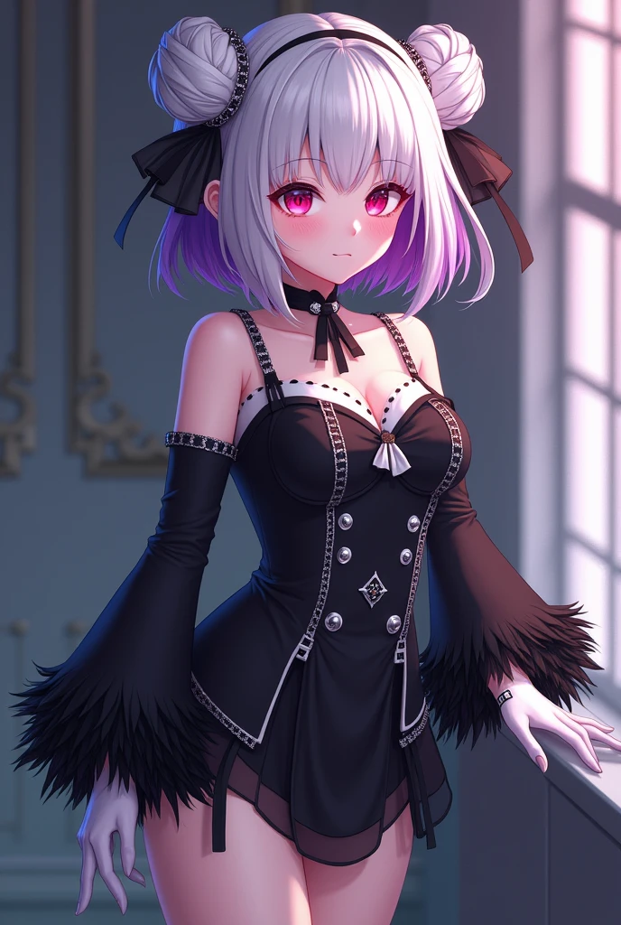 Girl with white hair that fades to purple with short hair with two buns as a hairstyle on the top of her head and the rest of her hair loose. Her eyes are wine-colored with pink with the clothes of 2b from Nier Automata, black dress with white details. A mole under her right eye, short black dress., which is decorated with black feathers on the sleeves and white gloves with black finishes and other accessories that allude to lolita fashion ​ Under her skirt, She wears a white leotard