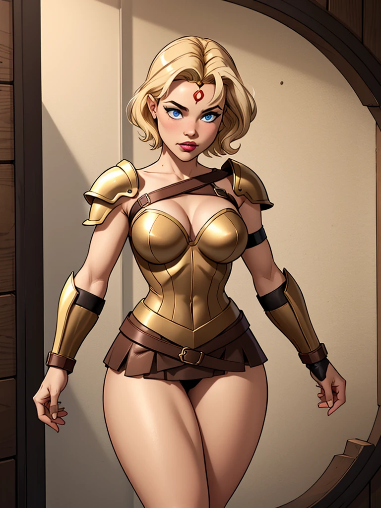 Girl with short blonde hair, blue eyes, Wearing A bodice of armor, a bodice of bronze-colored iron with a silver armband on one side of the shoulder, wearing a brown leather strip skirt, wearing a tiara on her forehead, and thick thighs, defined breasts