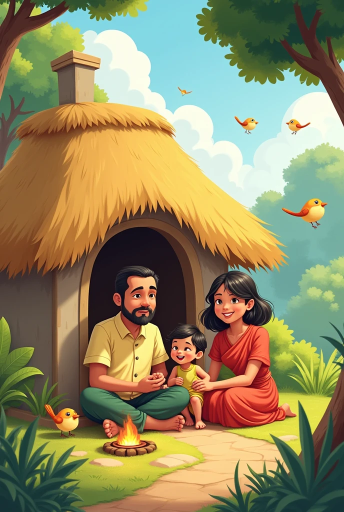 Create cartoon staly "2. **Ramu’s Family:** Ramu sitting with his wife and two children outside their humble thatched house, a small cooking fire nearby. The scene shows a peaceful rural life with trees and birds in the background.