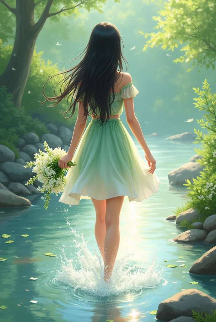 full lenght hiper 3k. A beautiful young woman, sweet and gentle, 20 years old, with long, flowing black hair, wearing a light green and white short dress, a white skirt holding a white flower bouquet, walking and splashing water, a beautiful, refreshing and cool morning atmosphere, a beautiful stream scene, a refreshing morning atmosphere, sparkling light, a three-dimensional oil painting, an art painting by Professor Chalermchai.