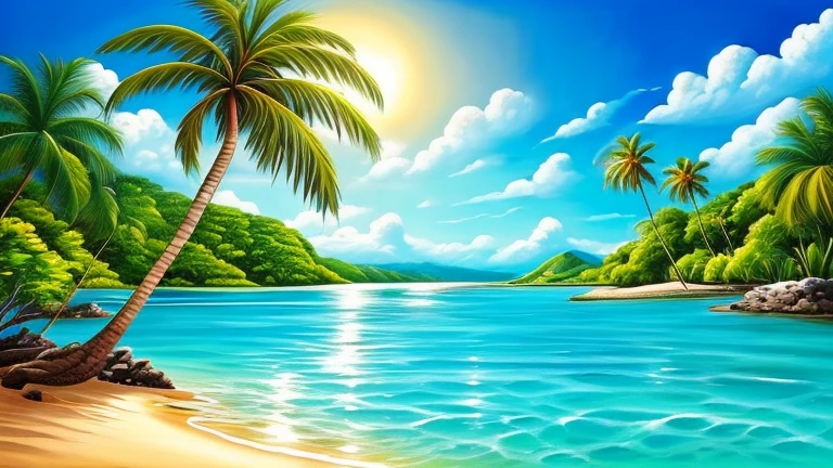 create a stunning painting of a beautiful lagoon. Wonderful turquoise water. Lots of palm trees and a breathtaking jungle around the water. The lagoon opens onto a sandy beach and an open sea.
