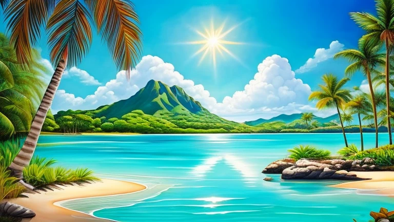 create a stunning painting of a beautiful lagoon. Wonderful turquoise water. Lots of palm trees and a breathtaking jungle around the water. The lagoon opens onto a sandy beach and an open sea.