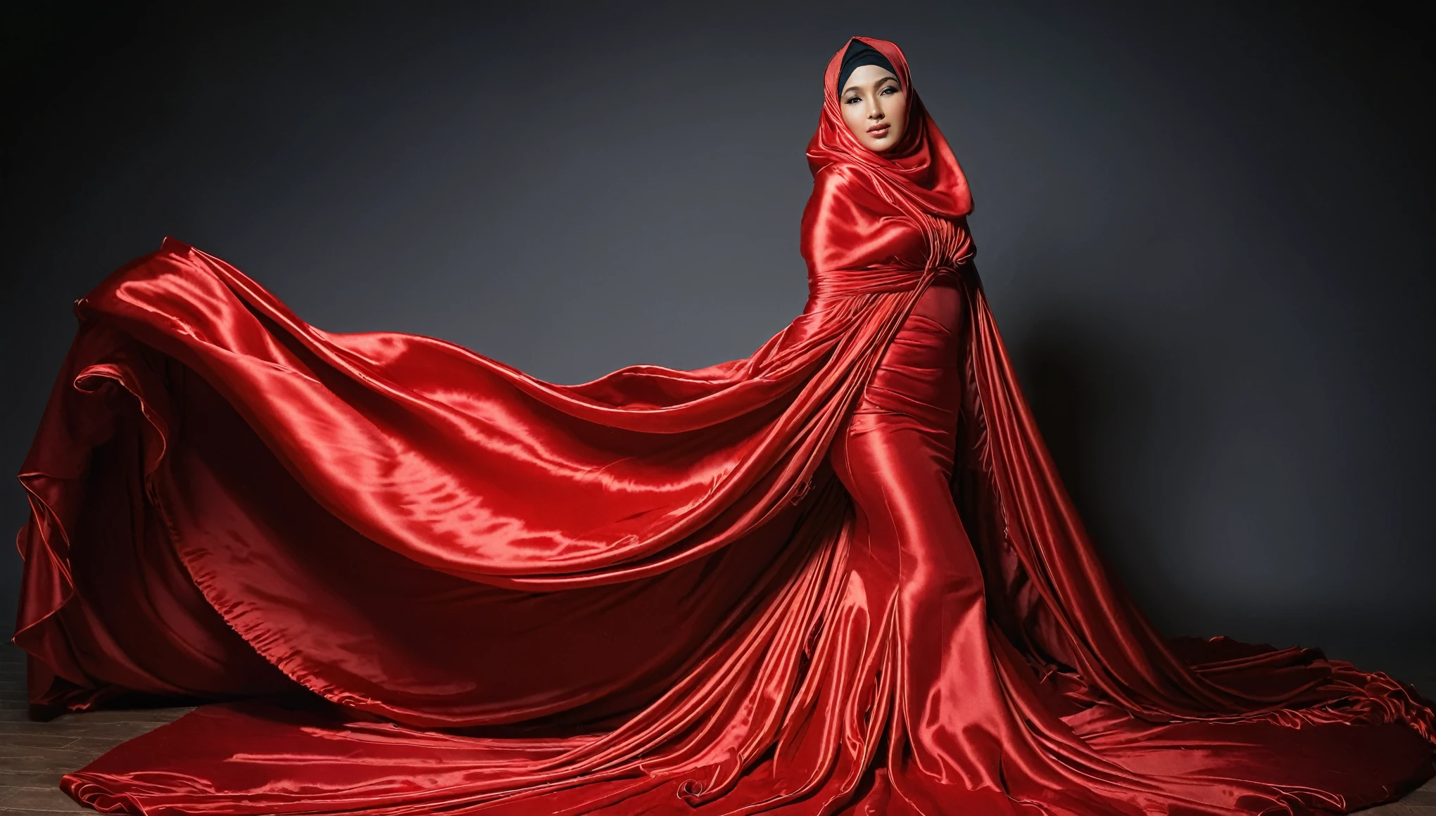 A woman shrouded in a 10-meter-long, plush red satin cloth, tightly bound and grandly draping along the form of her body, flowing off into a pooled floor-length train, styled in a mermaid-inspired outfit, her head modestly veiled in a satin hijab, tall woman, in photo studio, a full-body pose posing in front of people, captured in a 4k resolution, ultra-realistic