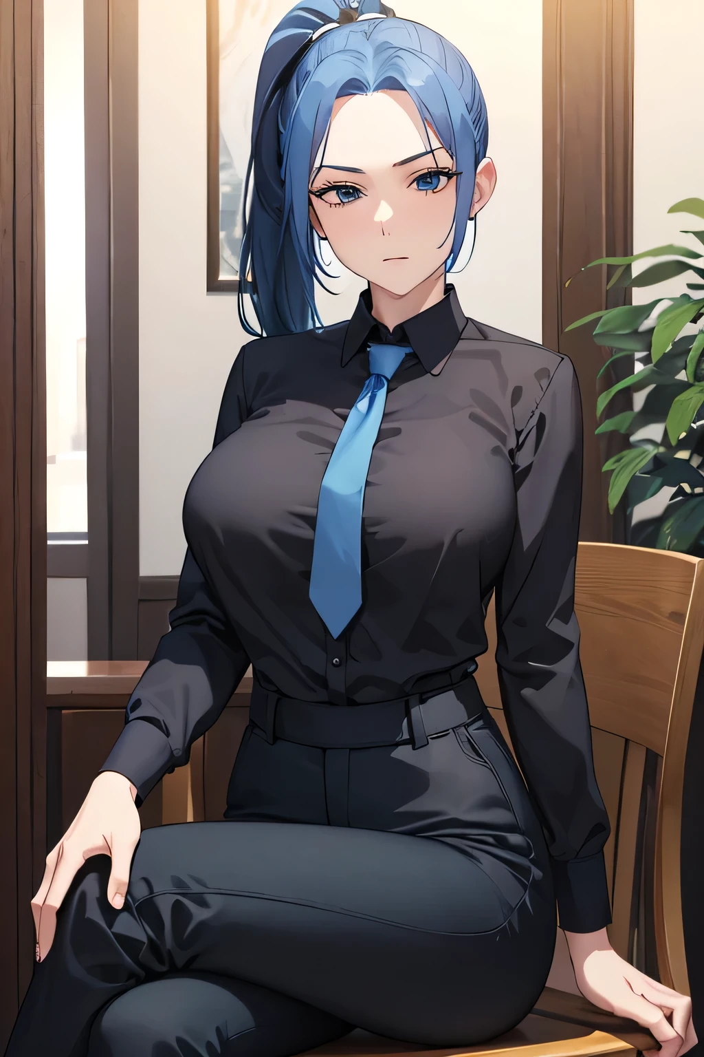 ((Highest quality)), ((masterpiece)), (detailed), Meimei Blue tie Black shirt Wearing black pants Blue tie over black shirt Chest sticking out Sitting in a chair Legs crossed Sexy body Blue hair Blue ponytail Center part 2 Older woman Not much exposure Not exposing breasts Larger height Thighs Wavy bone structure Boss at work Wearing a black shirt Wearing a blue tie over a black shirt Wearing only black clothes Light blue hair Blue tie Big breasts