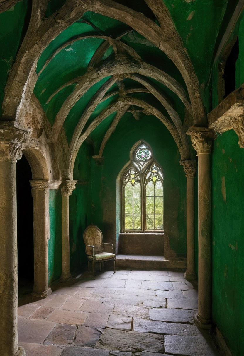 create the dungeon of an old and run down gothic style mansion, where a cosmic entity lives, the image must contain shades of green. generate 4 different images
