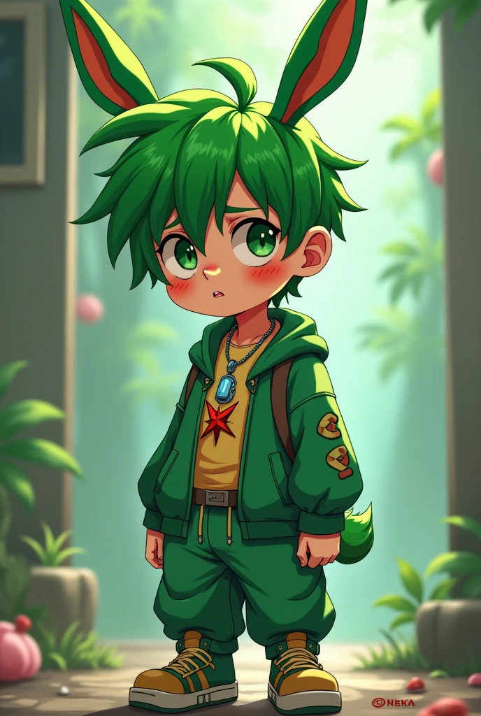 A young man with green hair, with green bunny ears and tail, with a tired expression, with dark circles, with a hiphop style outfit, baggy pants, and red stars on the nipples, and a necklace with a siphon. in a cartoon style, in a ballad.