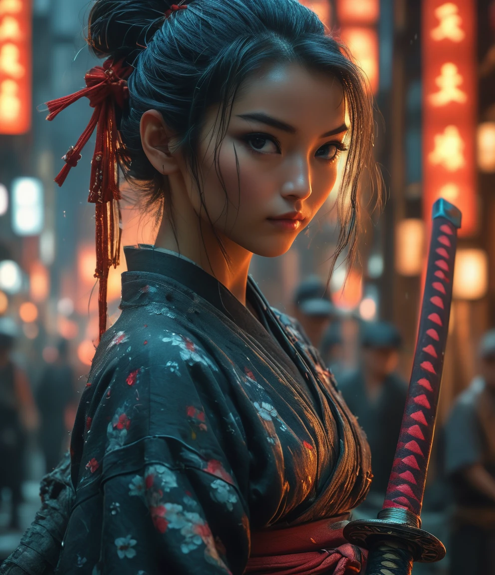 Samurai, 25yo woman, hyperrealism, very detailed skin, 4k,,, AshleyWoodArtAI,, katana profile picture, Organic Painting, night time, Matte Painting, bold shapes, hard edges, street art, trending on artstation, by Huang Guangjian and Gil Elvgren and Sachin Teng, Glow, katana, slender body shape, big breasts