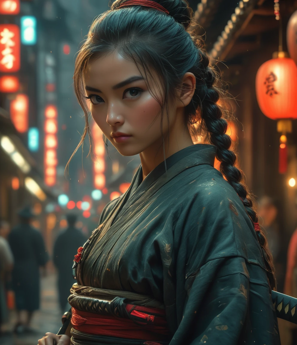Samurai, 25yo woman, hyperrealism, very detailed skin, 4k,,, AshleyWoodArtAI,, katana profile picture, Organic Painting, night time, Matte Painting, bold shapes, hard edges, street art, trending on artstation, by Huang Guangjian and Gil Elvgren and Sachin Teng, Glow, katana, slender body shape, big breasts