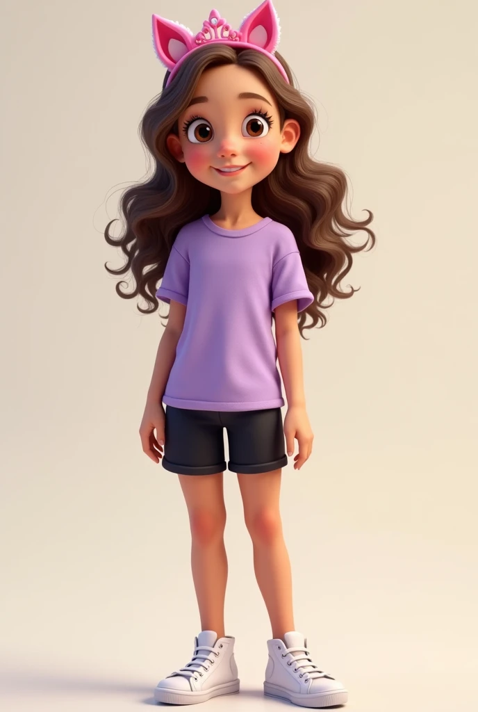 Elisa 6 anos , skin fair, eyes browns, glad, with dimples in the cheeks, lilac blouse, shorts preto, White sneakers, pink kitty tiara, cabelo castanho claro longo com cachos nas pontas 