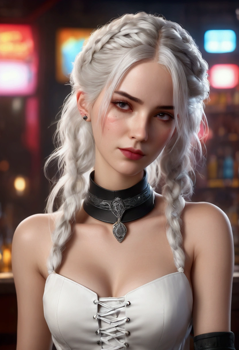 ((Masterpiece, Best Quality, Highest Image Quality, High Resolution, Photorealism, RAW Photos, 8k)), A female game character, 3d Graphics, long white hair, off-shoulders, corset dress, cyberpunk 2077 background, unreal engine