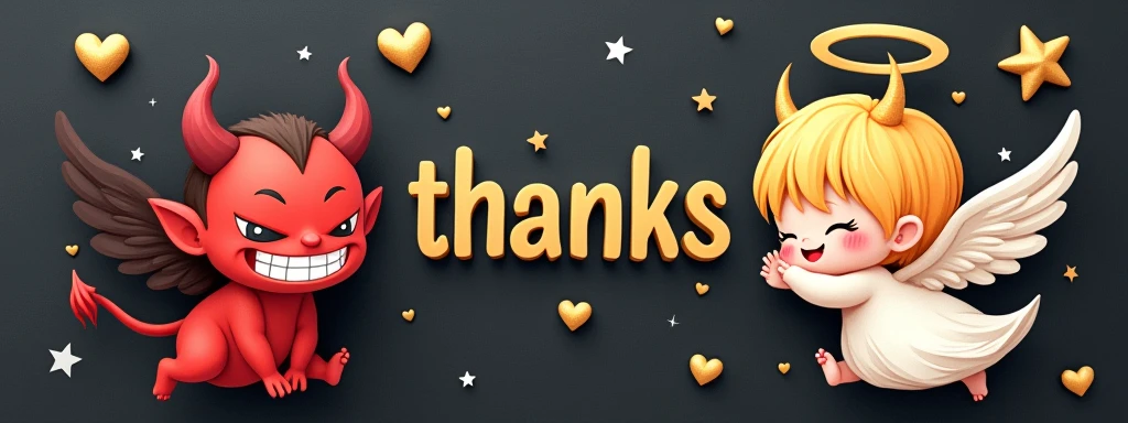 chibi, kawaii, cute, a devil with a wicked smile and an angel with a kind smile, with the word "Thanks" written between them, background black construction paper, golden hearts and shooting stars scattered all over