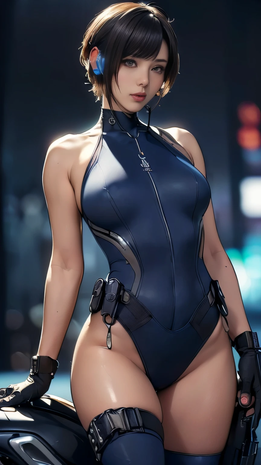 (A woman),(((A female member of the Future Force rides a motorcycle))),((Navy blue tactical high leg bodysuit:1.5)),((earphone:1.5)),((Tactical Holster:1.5)),(Gloves:1.5),(Serious:1.5),(Super short hair:1.5),(bionde:1.5),(beautiful eyes:1.3),(Very detailedな顔:1.5),((Very detailed drawing of a female hand:1.5)),((muscular:1.5)),(Sexy appearance:1.5),((Thick thighs:1.5)),(Beautiful Body:1.5),((Very sensual:1.5)),(Background is hanger:1.5),(Cyberpunk atmosphere:1.5),(((Blurred Background:1.5))),(Written border depth:1.5),rest(((masterpiece:1.5),(best quality:1.5),(Very detailed:1.5),(high resolution:1.5),(Practical:1.5),(Practical:1.5),(Delicate depiction),(Carefully drawn))),8k,wallpaper