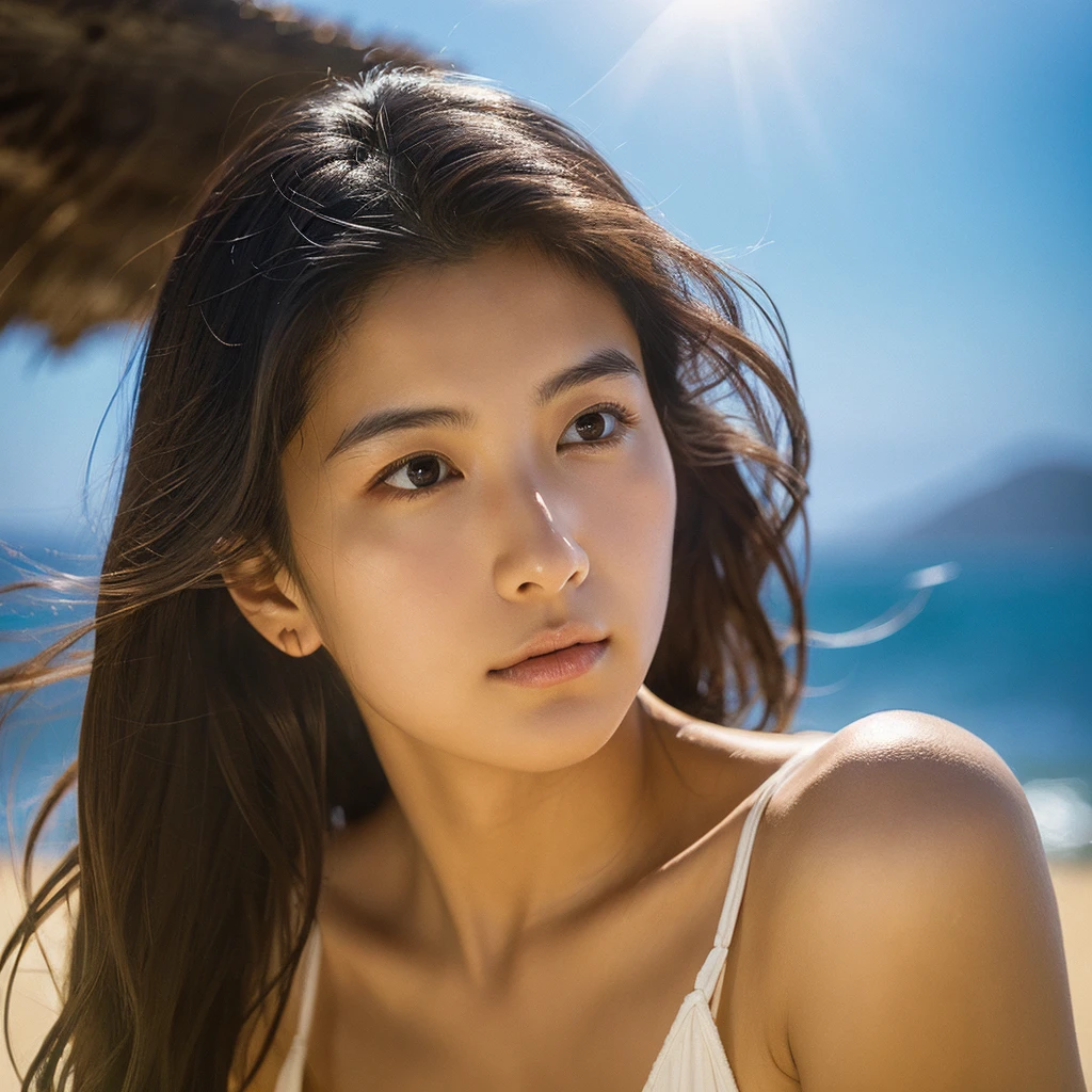 A hyper-realistic image of a single Japanese woman in her early 20s, captured with the nostalgic warmth and pronounced graininess of a film camera, showing her from the shoulders up as she stands on a sunlit beach. Her skin has a warm beige tone with a natural, visibly rough texture that includes pronounced pores, fine lines, and subtle imperfections such as small blemishes, slight unevenness, and a hint of sun exposure, contributing to the authenticity of her appearance. The texture of her skin is intentionally less smooth, with a tangible roughness that enhances the realism, making the surface appear slightly weathered by the elements. The soft, diffused natural light illuminates her face and shoulders with a gentle touch, casting shadows that subtly reveal the unevenness of her skin. Her straight, glossy black hair flows naturally in the ocean breeze, framing her face, and her deep brown eyes reflect the soft sunlight and the shimmering sea. The film camera effect amplifies the grain and texture, creating a warm, nostalgic atmosphere while maintaining the deliberately rougher, less polished texture of her skin. The composition, focused on her upper body, captures the serene elegance of the beach setting, highlighting the natural interaction of light and shadow on her skin. This combination of a rough, realistic skin texture, soft natural light, and the grainy film-like qualities ensures that the image presents an authentic, lifelike portrayal of the woman, centered on her face and shoulders.