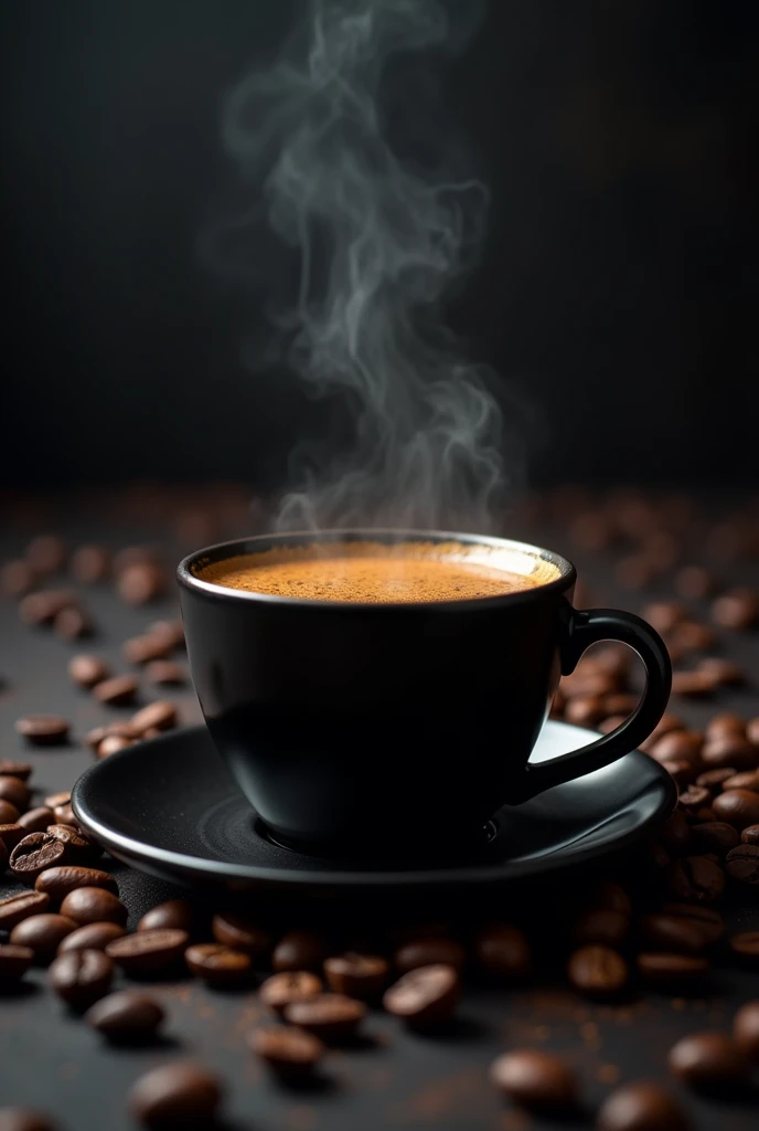The image shows a black coffee cup with a saucer on a dark background. The cup is filled with a dark brown liquid, which appears to be freshly brewed coffee. A coffee maker is pouring the coffee into the cup, creating a steamy effect. The coffee beans are scattered around the cup and saucer. The overall mood of the image is dark and mysterious.emphasize the compositioning and depth tone color.