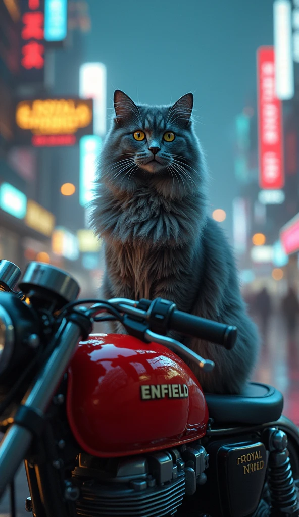 Grey Persian cat in red Royal Enfield bike in cyberpunk at night, with fog