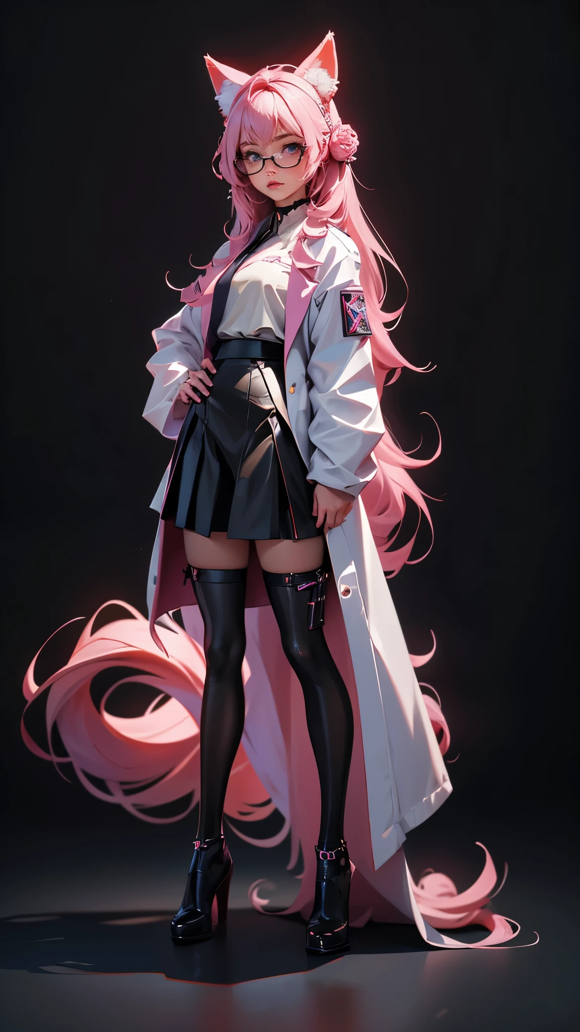 envision a 8k, highres, cinematic, beautiful full body concept art design sheet of a woman with pretty mature features with long pink hair, animal ears, a black shiny skirt, black tights, lab coat, hair ornaments, glasses, tail, in dark lighting, against a dark gray background