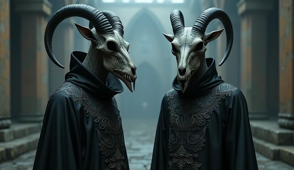 Top quality, masterpiece, two creatures with goat skull faces, silver tattoos on their faces and skin, wearing ornate and intricate black clothes, Western ancient black kingdom interior background, expressionless, full body shot, detailed image texture, creepy, scary, creepy atmosphere (not AI image), cloudy weather, low color image, creepy, delicate skin expression, rough texture image