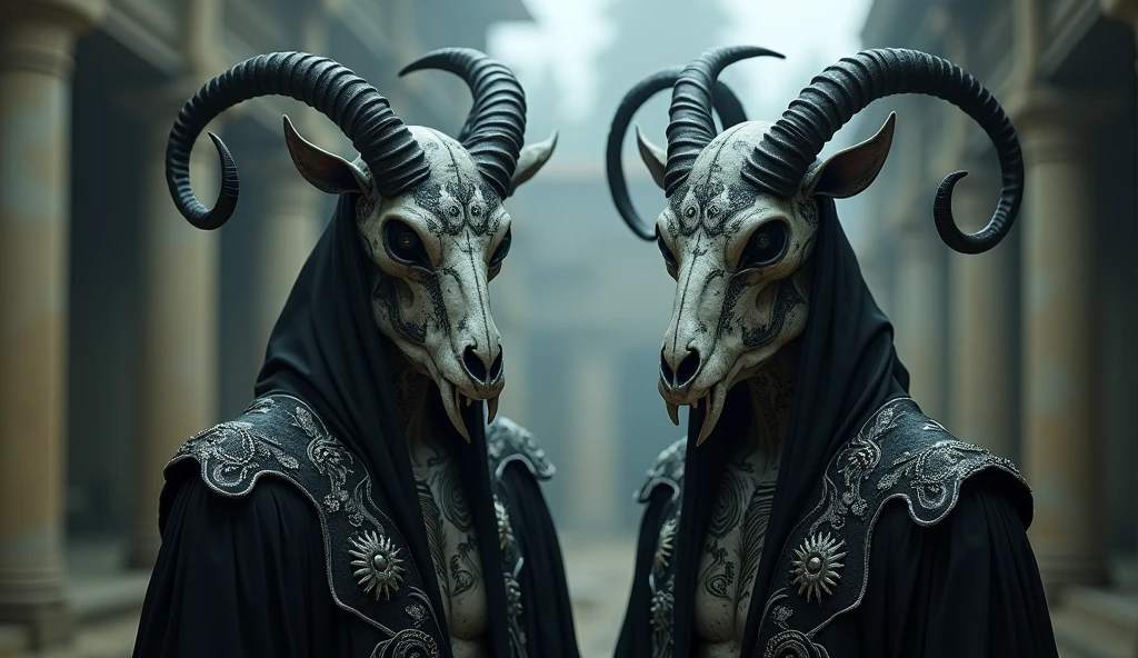 Top quality, masterpiece, two creatures with goat skull faces, silver tattoos on their faces and skin, wearing ornate and intricate black clothes, Western ancient black kingdom interior background, expressionless, full body shot, detailed image texture, creepy, scary, creepy atmosphere (not AI image), cloudy weather, low color image, creepy, delicate skin expression, rough texture image