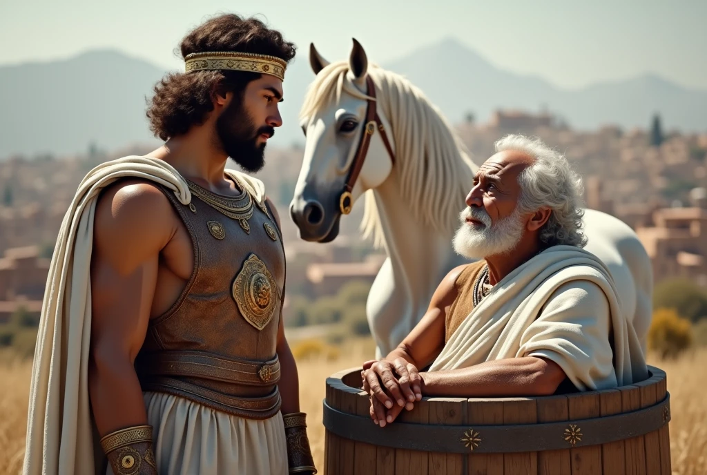 2 man , each other speak, Front view , Full-body, Great of king, Alexander , Empire of Greek, standing pose, stand on field , White horse, gorgeous harness, 30 years-old, handsome,( wave perm , brown hair , serious,),(diadem ,White head band Crown with jewel), normal body, ((An ancient Greek emperor wearing traditional imperial wear, body of leather armor and emboss of Apron face , shoulder and arm protector , White crock)), Gorgeous sandal, 1 man, philosopher, Greek man, lying big wooden barrel , lying barrel , in an ancient Greek city, 70 years-old, handsome,( wave perm , white hair , Serious, ), normal body, ((An ancient Greek traditional rag cloths, White crock) , in city ,police, noon ,(Textured skin , HI Detail Skin, (Shorthand, Canon, 8k, Anatomically correct, Super Detail, Attention to detail, Your Highness)
