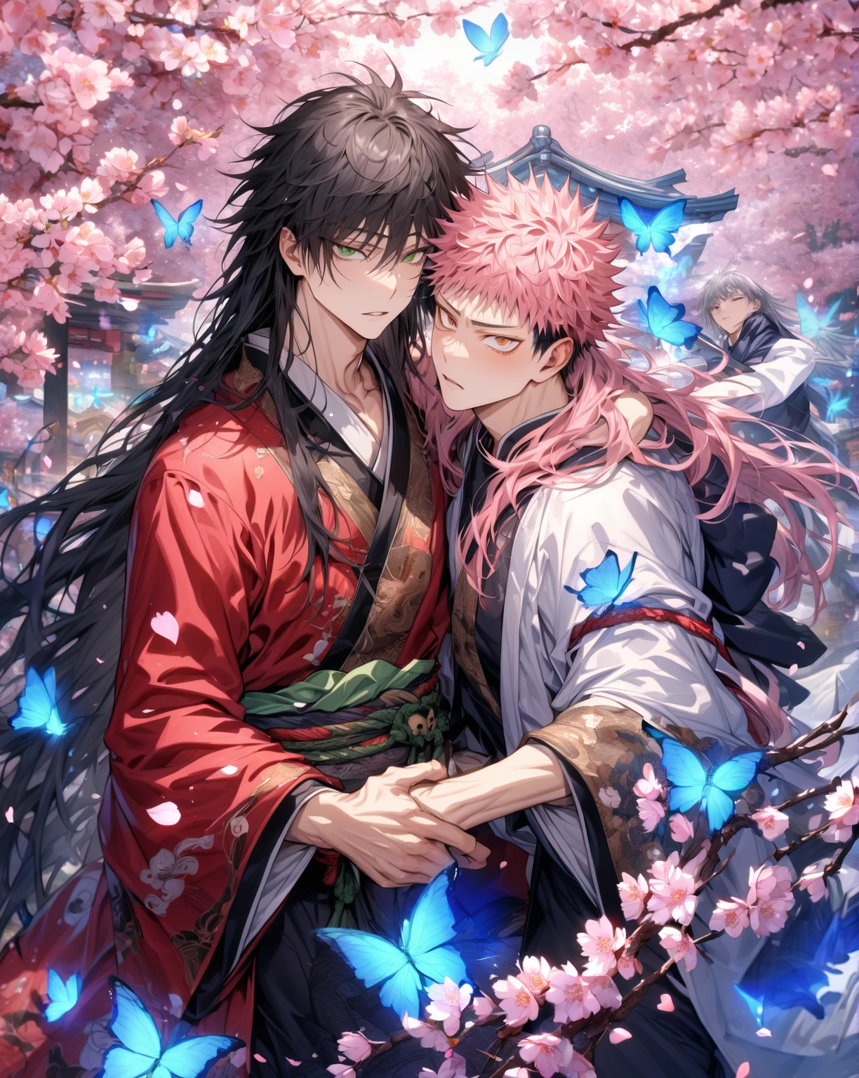absurdres, highres, ultra detailed, HDR, master piece, Itadori Yuuji, pink hair, long hair, expressive brown eyes, white and black Chinese robes, Fushiguro Megumi, long hair, black hair, expressive green eyes, red Chinese robes, Jujutsu Kaisen, accessories, two sexy man together, handsome, best quality, fantasy, magical, solo, sensual, blue butterflies, cherry blossoms, pink petals, shrine, manly man, glittering