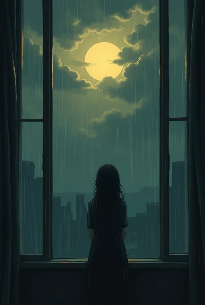 A surreal image of a sad day with dark, rainy clouds behind a window and a sun between clouds